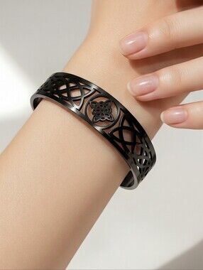 Celtic Knot Cuff Bracelet Black Stainless Steel Irish Trinity Knot Motif Bangle